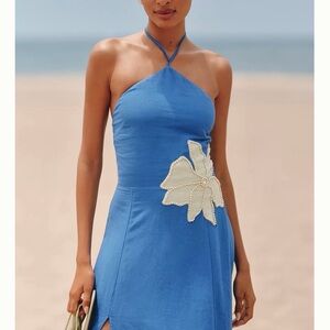 Elegant Linen Blue Halter Maxi Dress